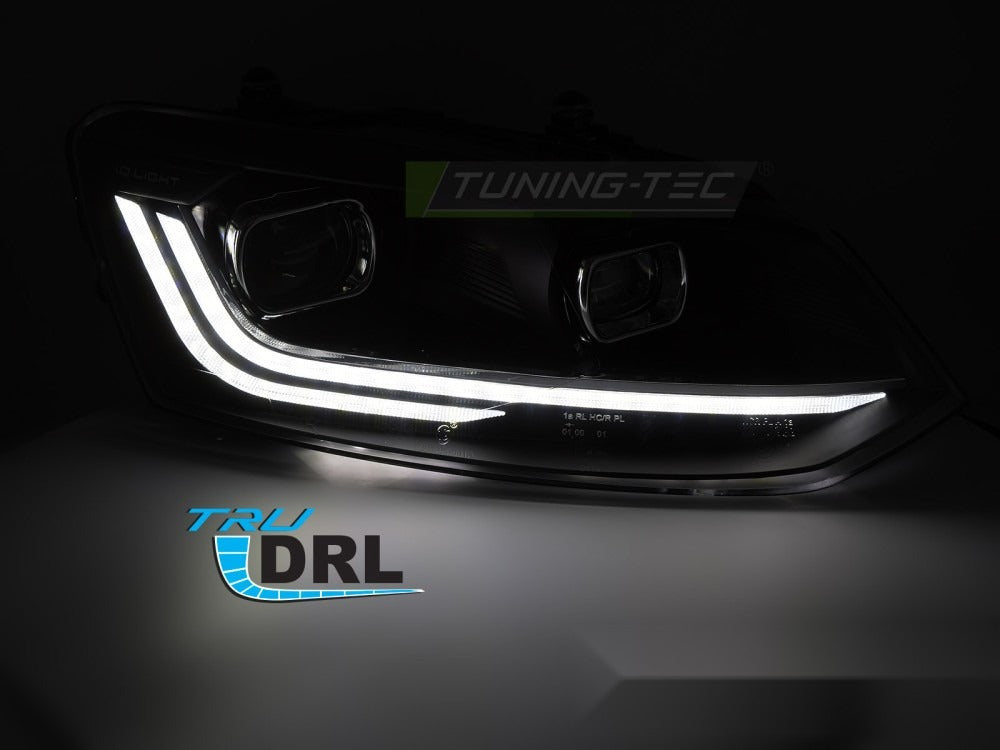 Frontlykter VW Polo V 6R 09-17 sett fra siden — profil synlig.