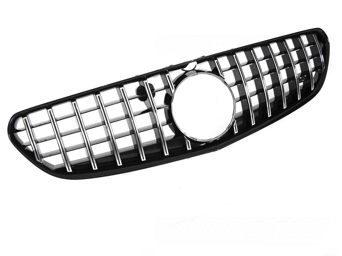 Grill til Mercedes S-Klasse Coupe C217/Cabrio A217 14-20 i krom/sort sett rett forfra på hvit bakgrunn.