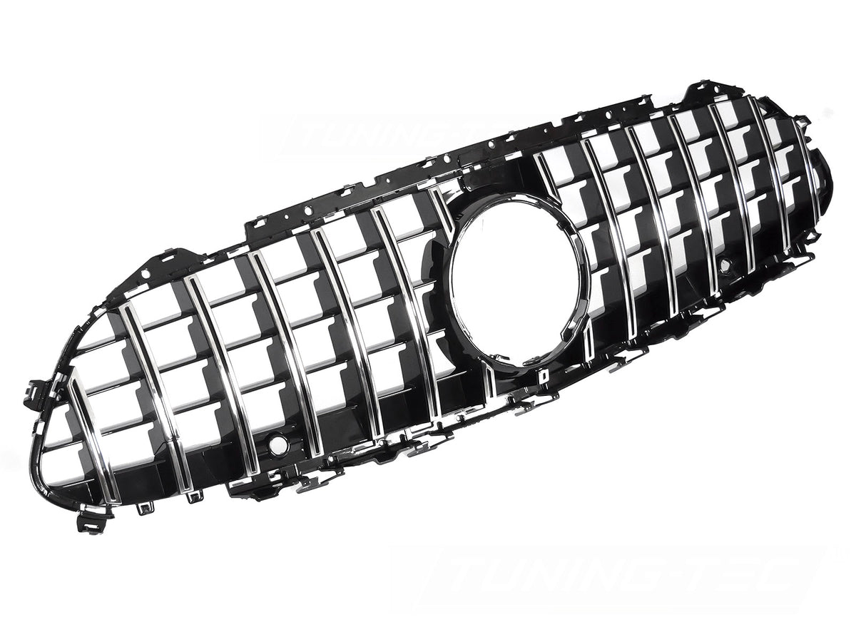 Grill til Mercedes CLS C257 18-23 i sort/krom sett rett forfra på hvit bakgrunn.