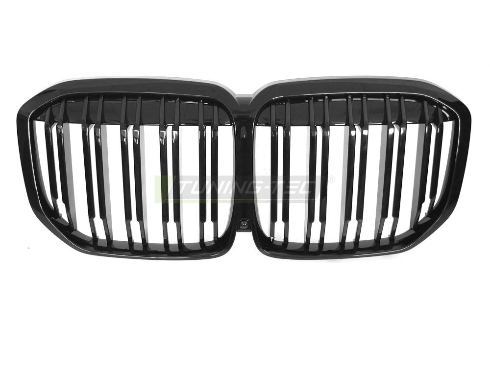 Detaljbilde av Grill X7 G07 18-22 blank sort med lamellstruktur og BMW-nyrer.