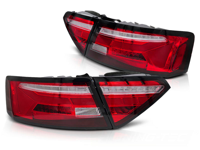 Baklykter LED Bar Red White Sequential til Audi A5 11-16 OEM Bulb sett rett bakfra på hvit bakgrunn.