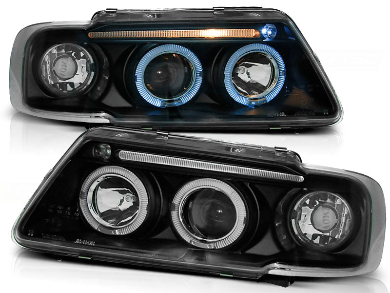 Frontlykter Angel Eyes Black til Audi A3 8L 96-00 sett rett forfra på hvit bakgrunn.