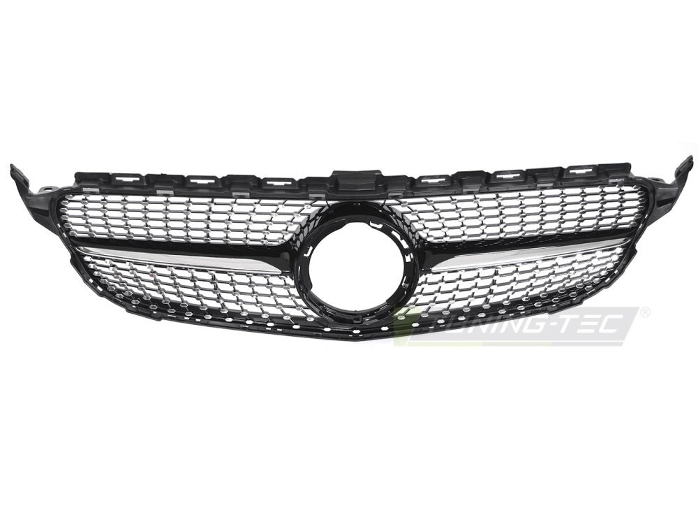Detaljbilde av Grill C-Klasse W205 18-23 sort/krom med lamellstruktur og emblemfeste.