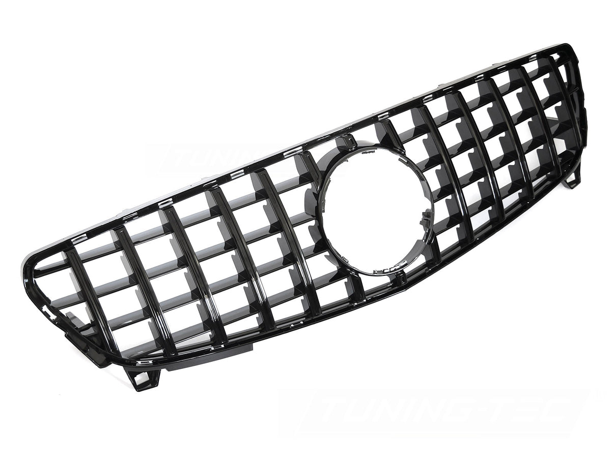 Grill til Mercedes A-Klasse W176 15-18 i blank sort sett rett forfra på hvit bakgrunn.
