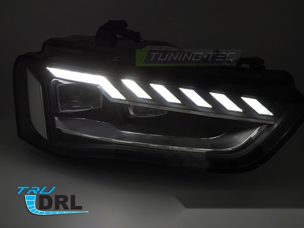 Detaljbilde av frontlykter Audi A4 B8 12-15 med LED-detaljer.