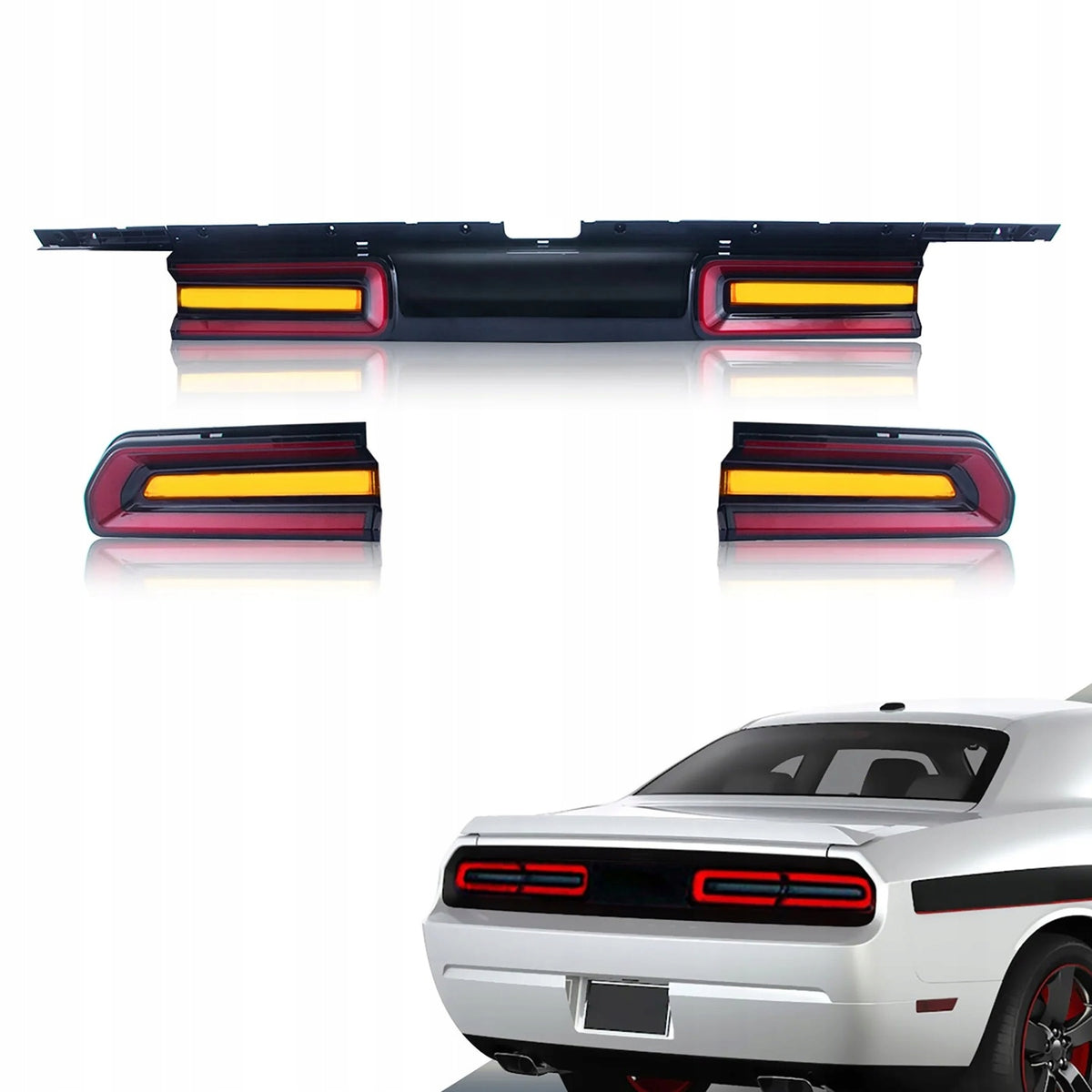 Baklykter Dodge Challenger 08-14 red smoke, tredelt facelift-sett med midtpanel.