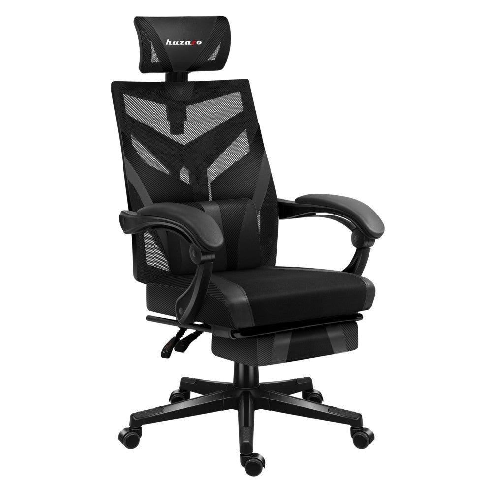 Huzaro Combat 5.0 svart gamingstol – frontal visning med fotstøtte ute