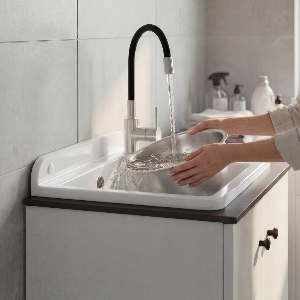 Compact Hvit utslagsvask helhvit kum og skap med fleksibel kran – kum sett ovenfra