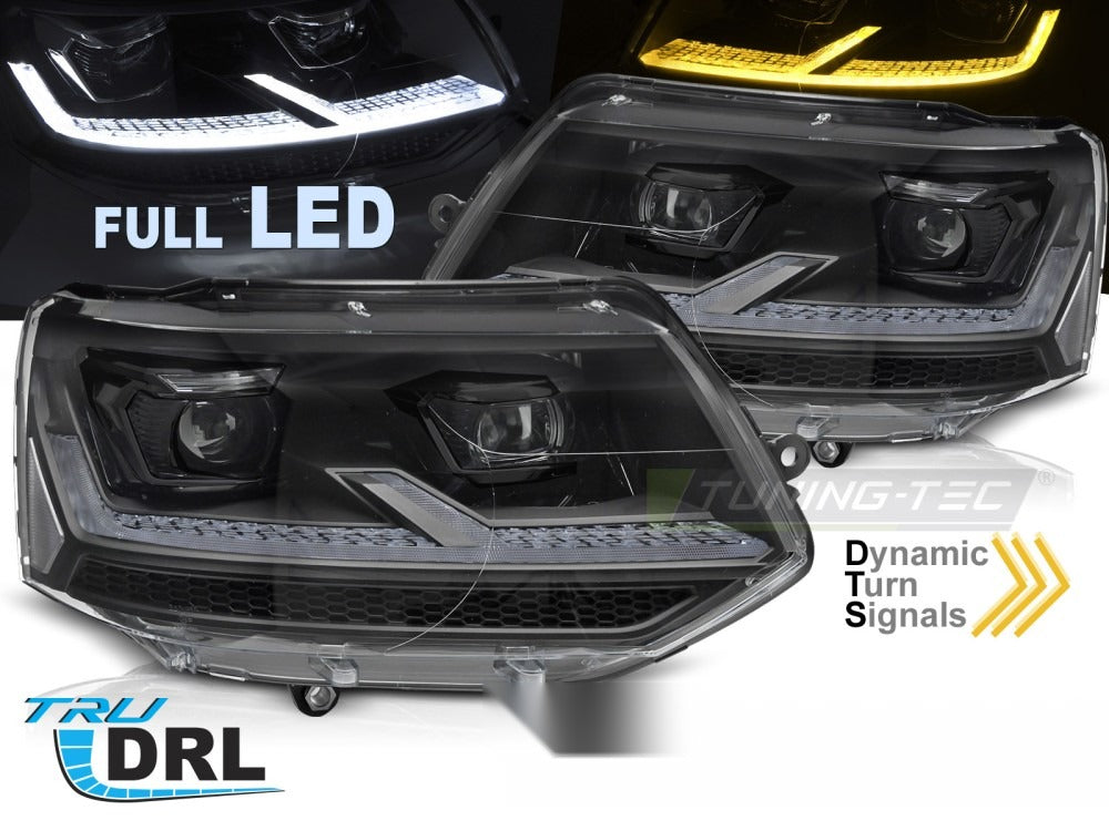 Detaljbilde av frontlykter VW T5.1 10-15 med LED-detaljer.