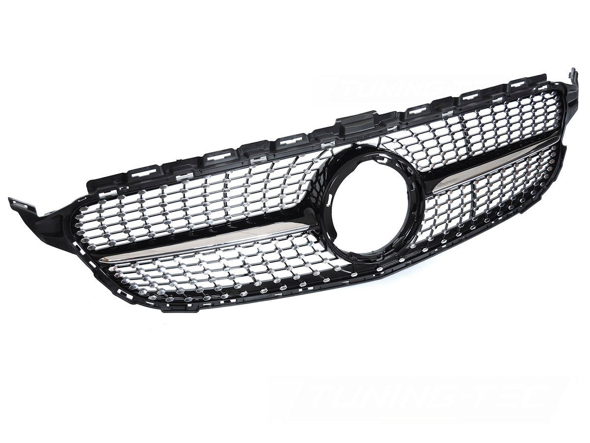 Grill til Mercedes C-Klasse W205 18-23 i sort/krom sett rett forfra på hvit bakgrunn.