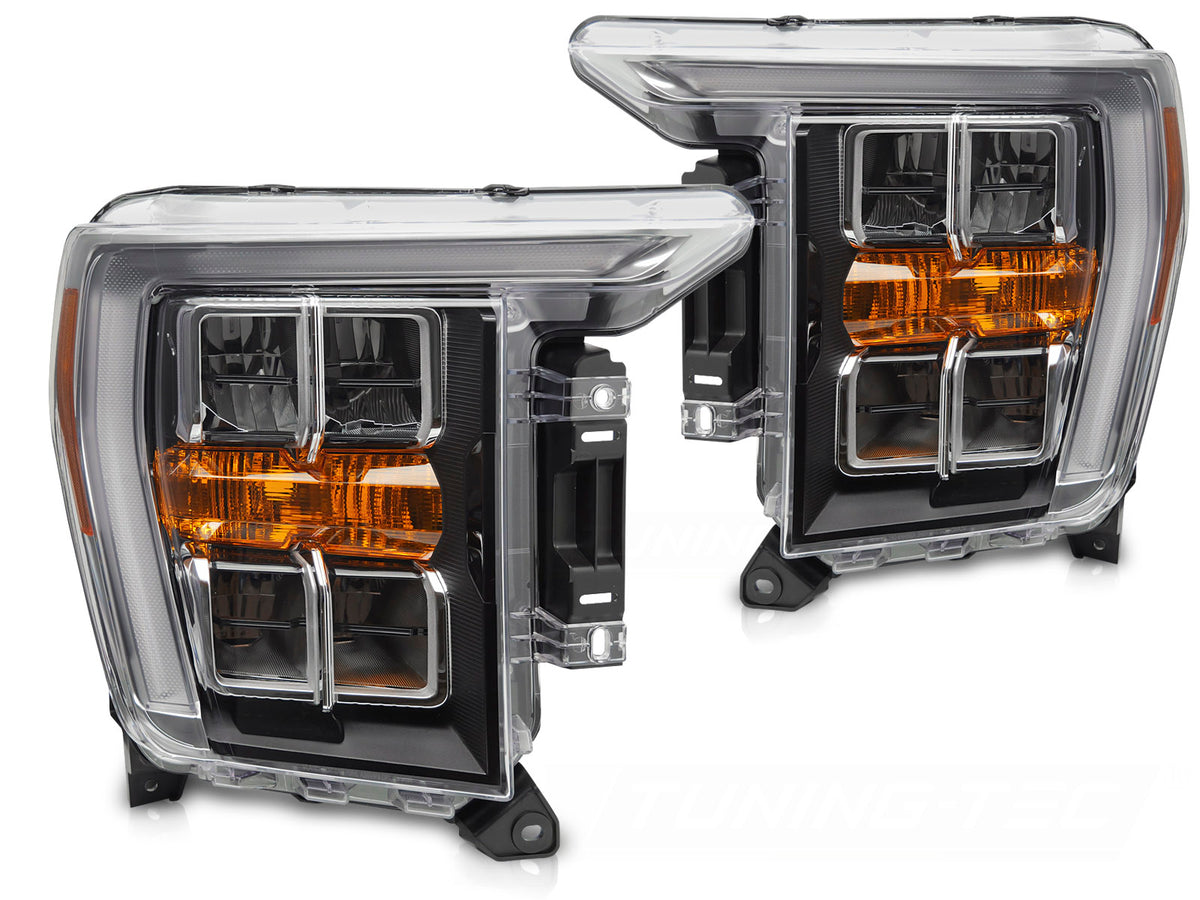 Frontlykter Black DRL til Ford F150 MK14 20-23 sett rett forfra på hvit bakgrunn.