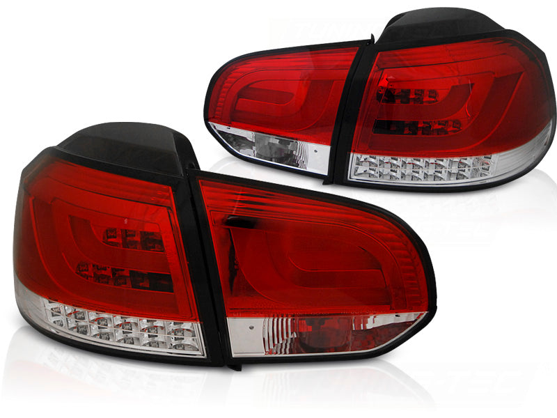 Baklykter LED Bar Red White til VW Golf 6 10.08-12 sett rett bakfra på hvit bakgrunn.