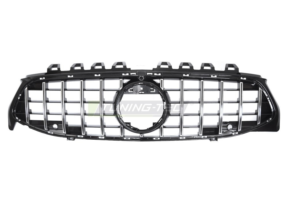 Detaljbilde av Grill Mercedes CLA W118 19-23 sort/krom med lamellstruktur og emblemfeste.