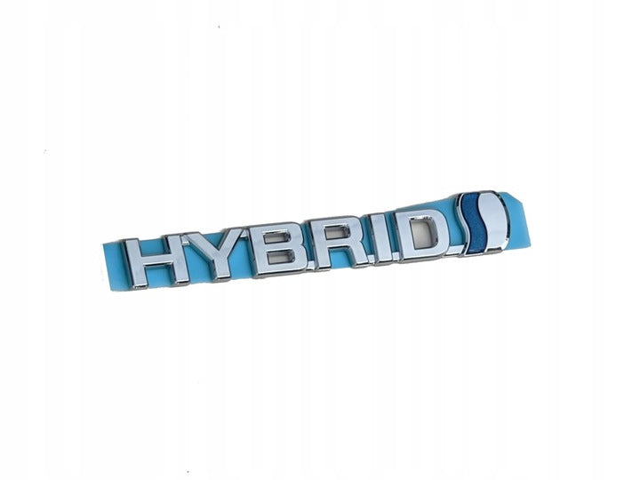 Emblem/logo til Toyota RAV4 IV Hybrid montert på venstre skjerm i blå og krom ABS-materiale