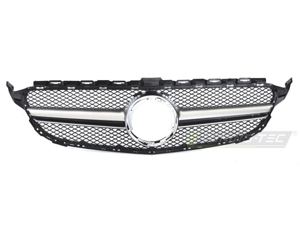 Detaljbilde av Grill C-Klasse W205 18-23 sort/sølv med lamellstruktur og emblemfeste.