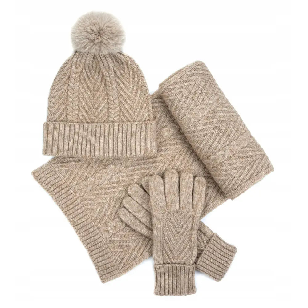 Dame Vinter Sett Ungdom Lue Skjerf Hansker Varm Beige - 1