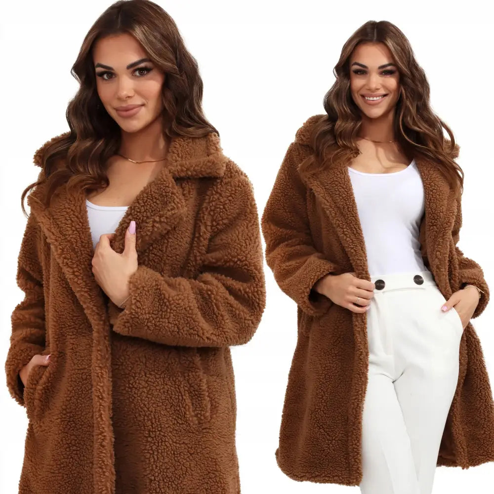 Damefrakk Teddybjørn Plysjjakke Faux Fur Brun - 1