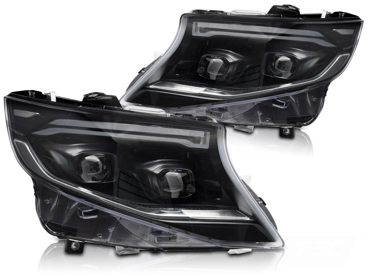 Frontlykter Full LED Sequential DRL til Mercedes Vito W447 14-23 sett rett forfra på hvit bakgrunn.