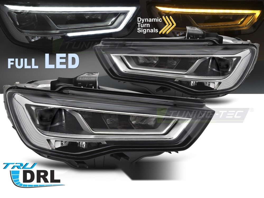 Detaljbilde av frontlykter Audi A3 8V 12-16 med LED-detaljer.