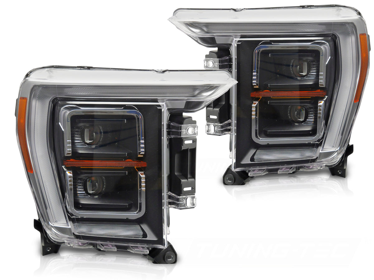 Frontlykter LED Black DRL til Ford F150 MK14 20-23 sett rett forfra på hvit bakgrunn.