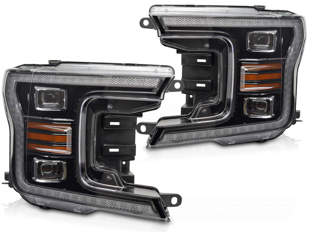 Frontlykter LED Black DRL til Ford F150 MK13 17-20 sett rett forfra på hvit bakgrunn.
