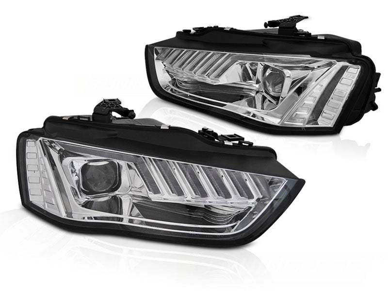 Frontlykter LED Chrome Sequential til Audi A4 B8 12-15 sett rett bakfra på hvit bakgrunn.