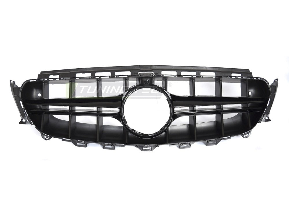Detaljbilde av Grill E-Klasse W213 16-19 sort med lamellstruktur og emblemfeste.