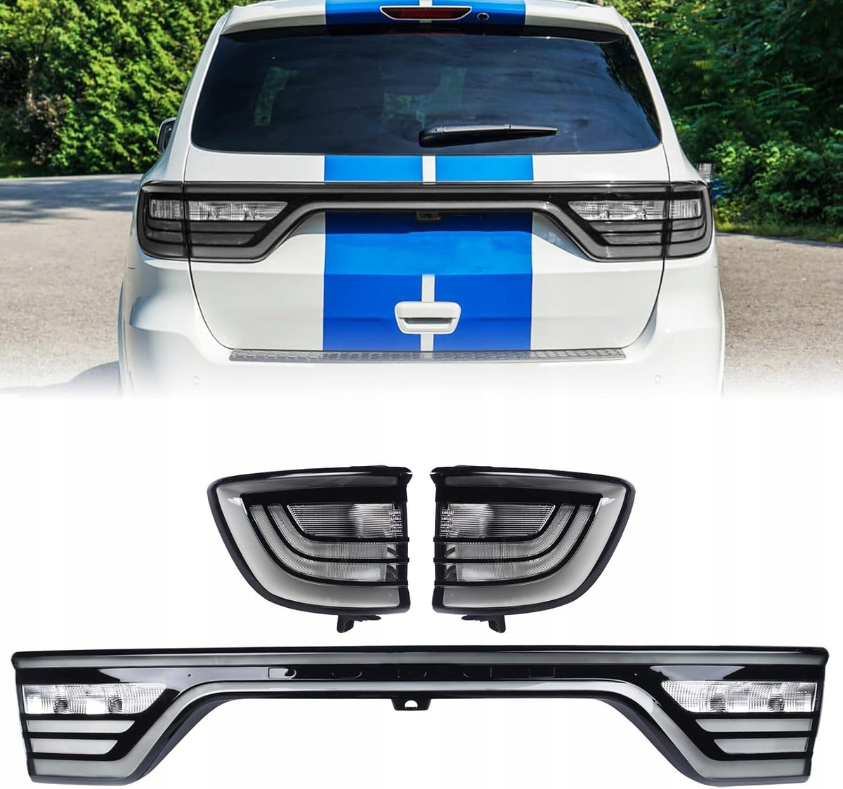 Baklykter Dodge Durango 14-25 tredelt sett med blenda, hvit SUV med blå striper.