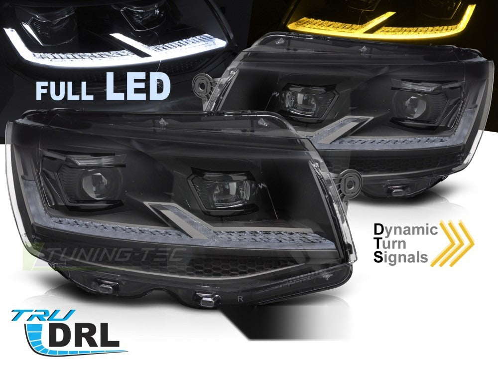 Detaljbilde av frontlykter VW T6 15-19 med LED-detaljer.
