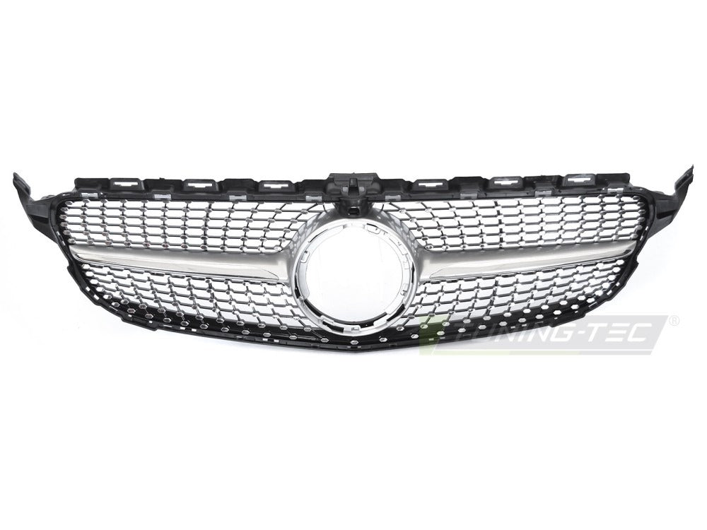 Detaljbilde av Grill C-Klasse W205 18-23 sølv/krom med lamellstruktur og emblemfeste.
