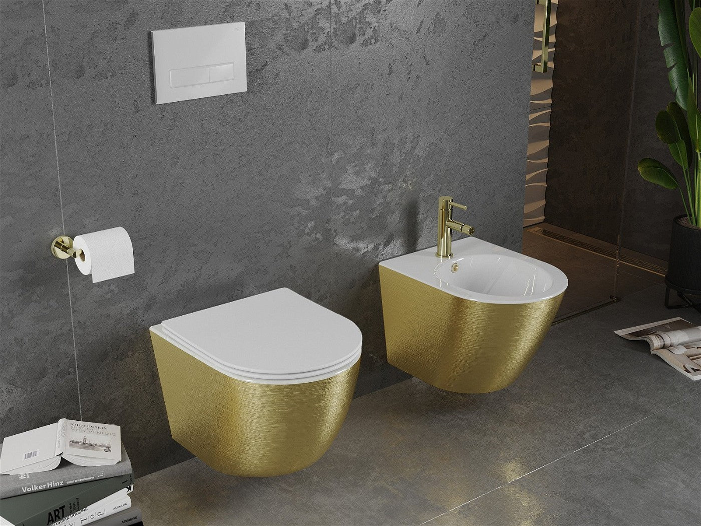 Mexen Lena rimfri toalettskål med soft-close slim sete, duroplast, hvit/gull linjemønster –