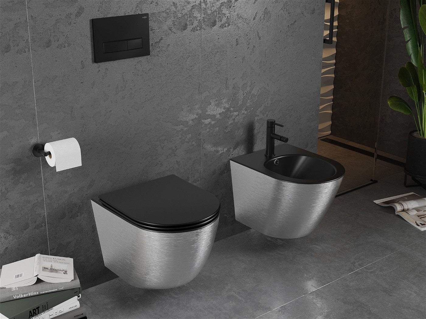 Mexen Lena toalettskål Rimless med soft-close slim sete, duroplast, matt svart/sølv linjemønster