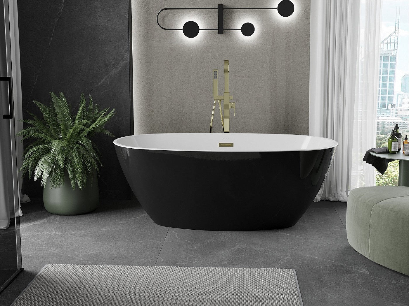 Mexen Eris frittstående badekar 155 x 80 cm, hvit/svart, gull overløp - 53441558075-G