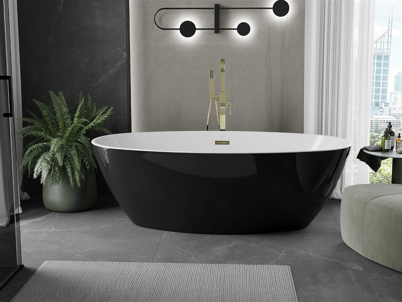 Mexen Eris frittstående badekar 180 x 95 cm, hvit/svart, gull overløp - 53441809575-G