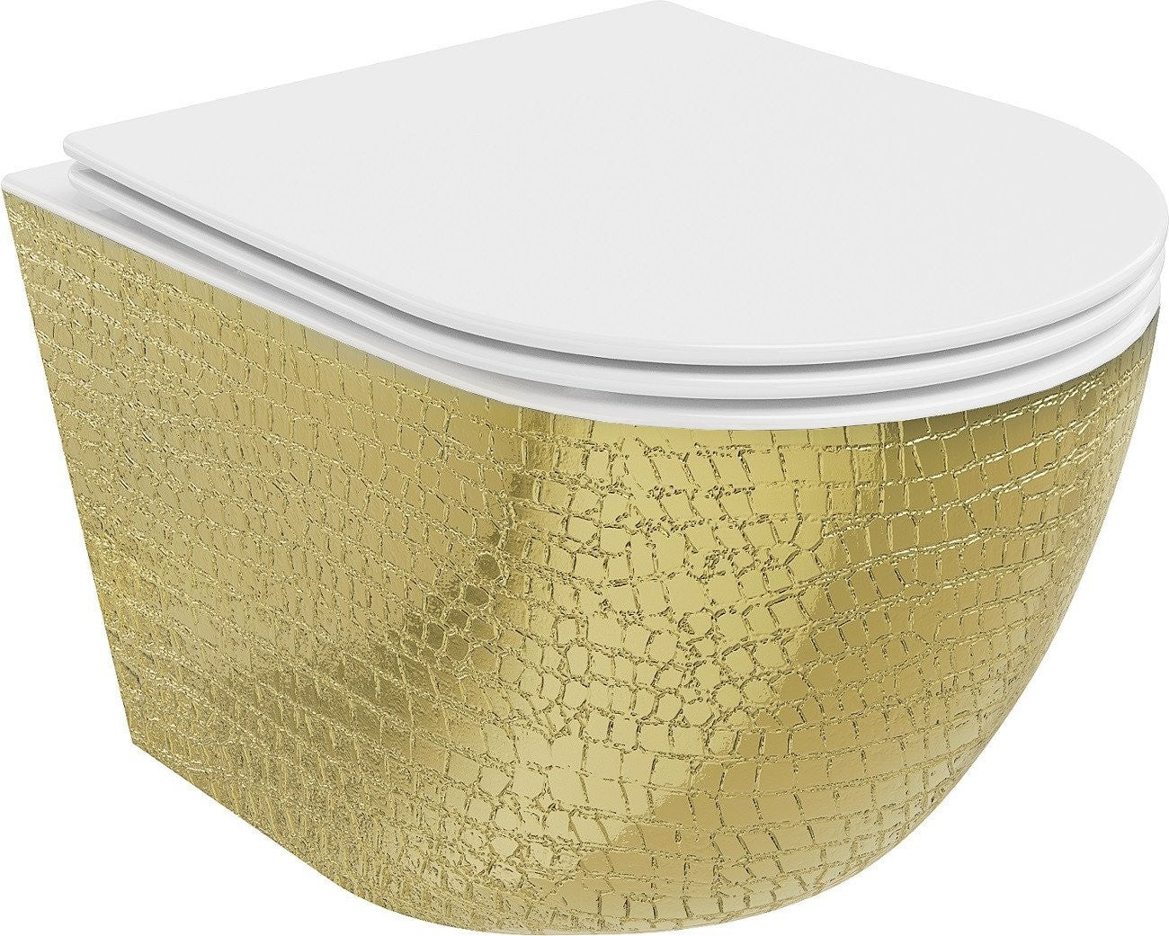 Mexen Lena toalettskål Rimless med soft-close sete, slim, duroplast, hvit/gull fiskeskjellmønster -