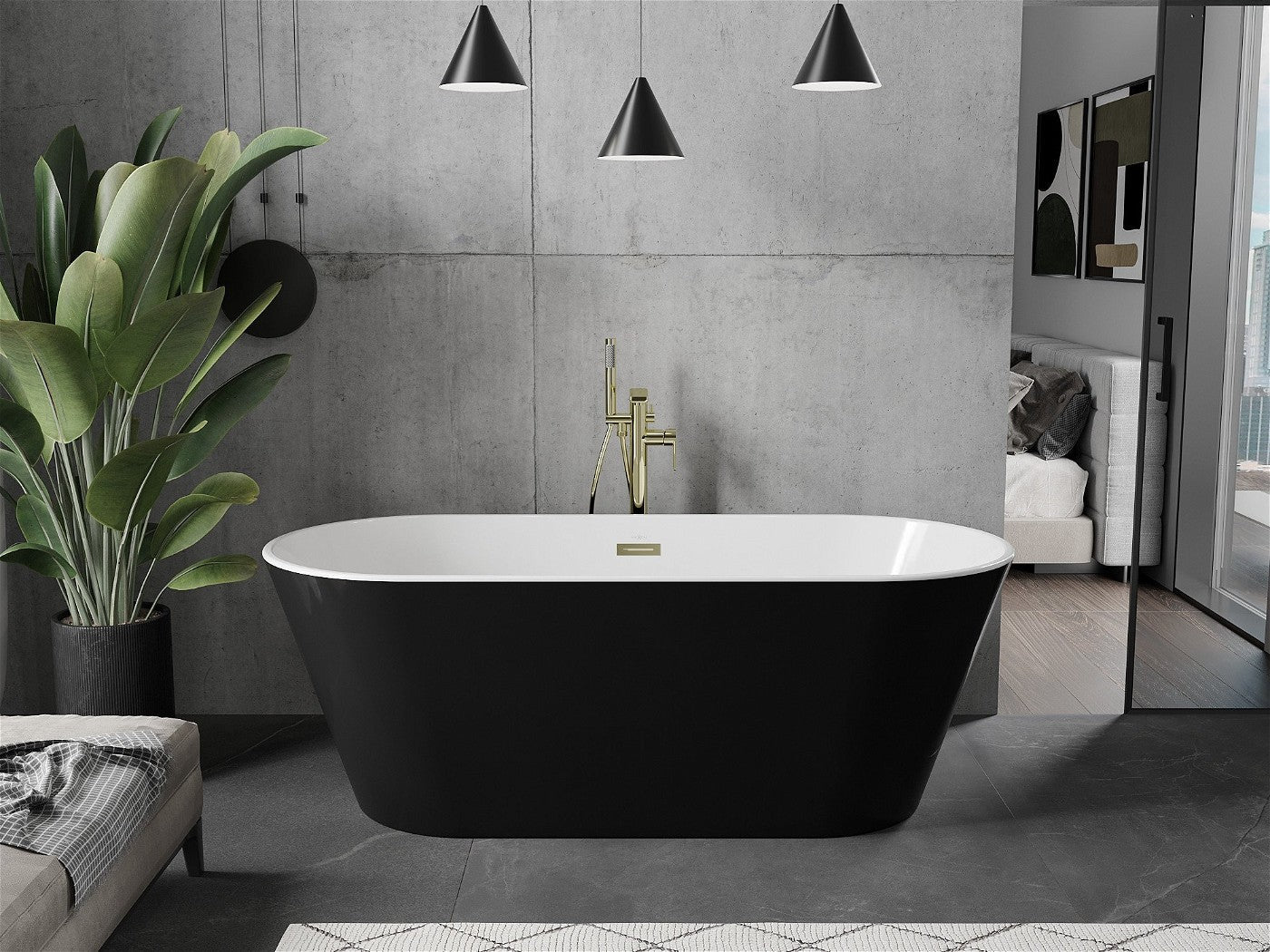 Mexen Flavia frittstående badekar 170 x 75 cm, hvit/svart, gull overløp - 54031708075-G