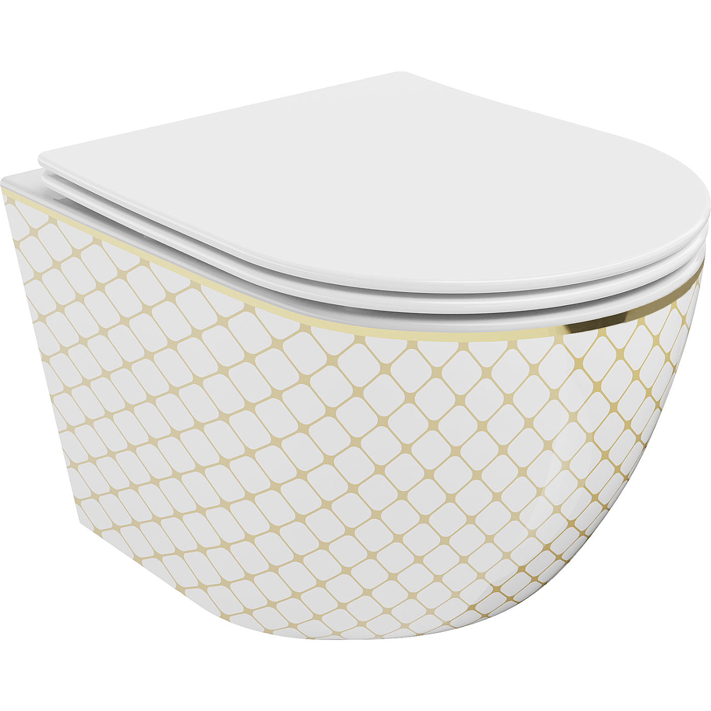 Mexen Lena toalettskål Rimless med soft-close sete i slim design, duroplast, hvit/gull med rutenett mønster -