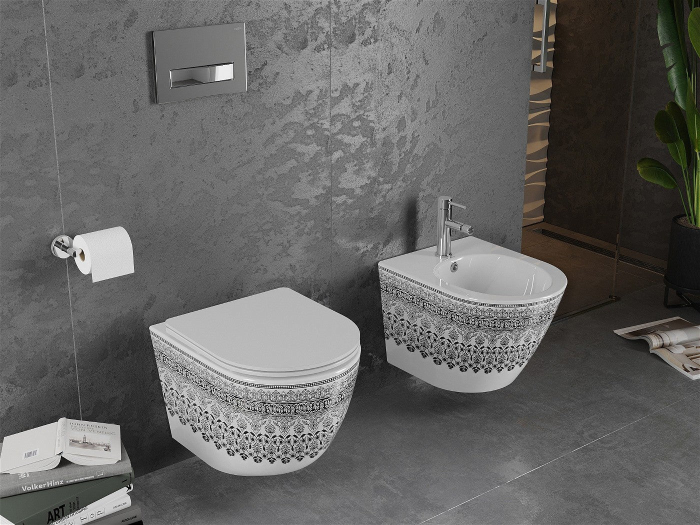 Mexen Lena toalettskål Rimless med soft-close slim sete, duroplast, hvit/svart mønster -