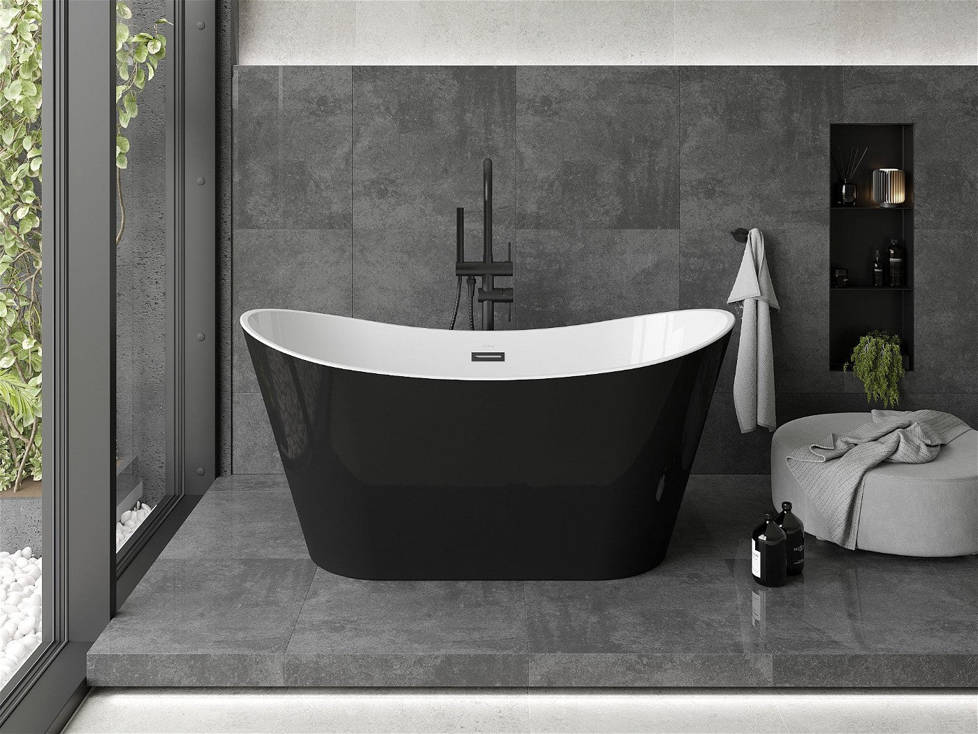 Mexen Montana frittstående badekar 150 x 72 cm, hvitt/svart, svart overløp - 52011507575-B