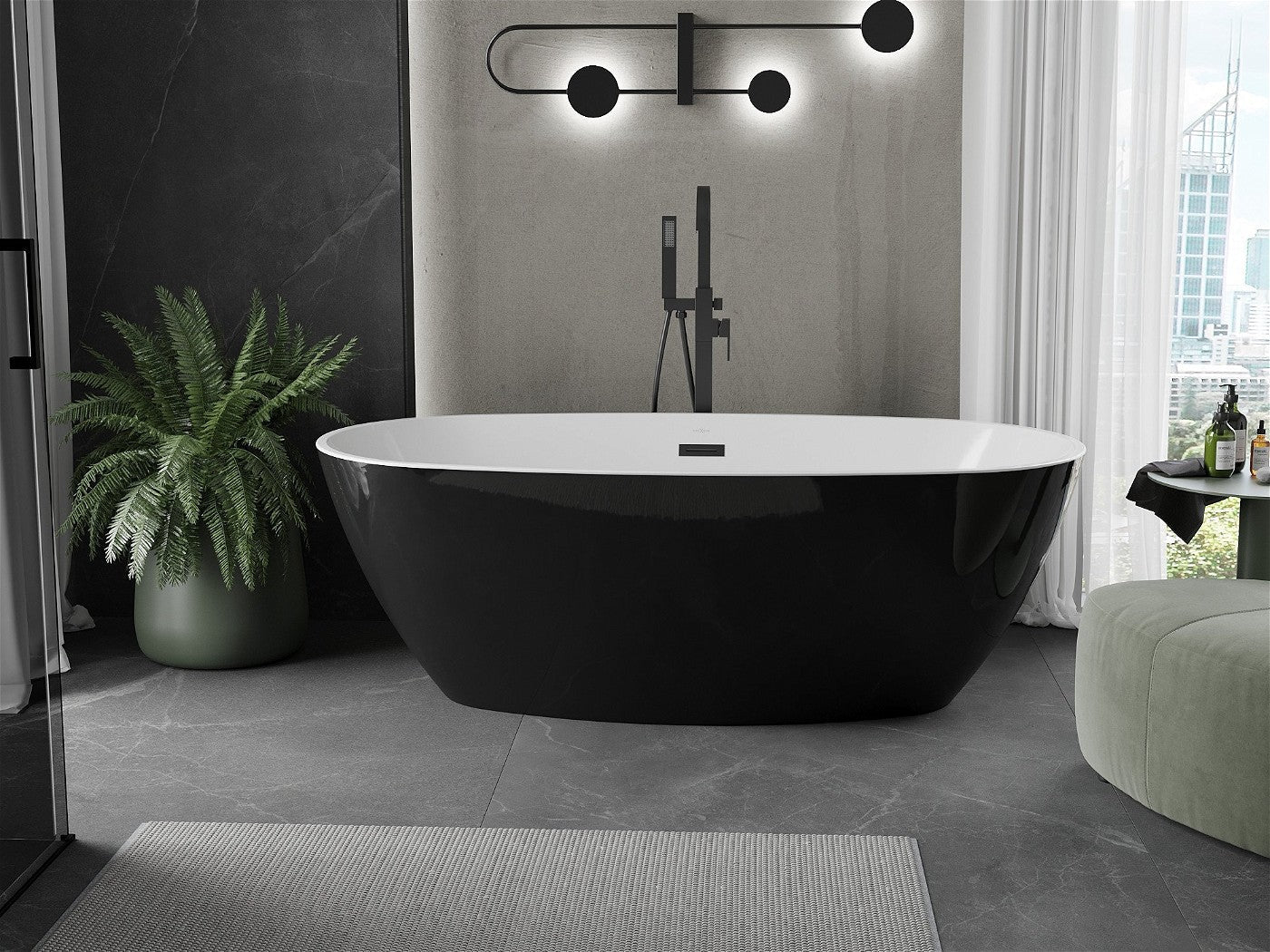 Mexen Eris frittstående badekar 170 x 85 cm, hvit/svart, svart overløp - 53441708575-B