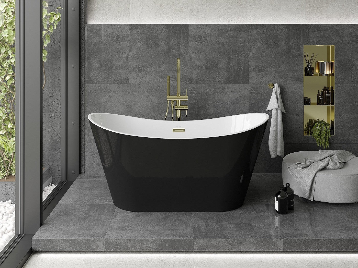 Mexen Montana frittstående badekar 150 x 72 cm, hvit/svart, gull overløp - 52011507575-G