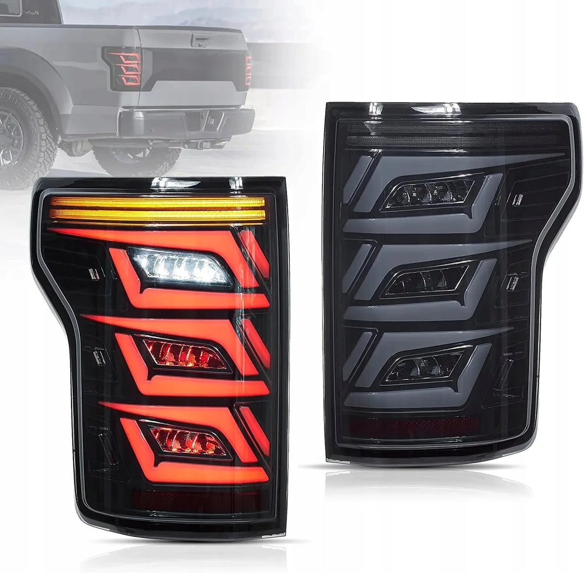Baklykter Ford F150 15-20 i smoke chrome med tent rød trippel-ramme.