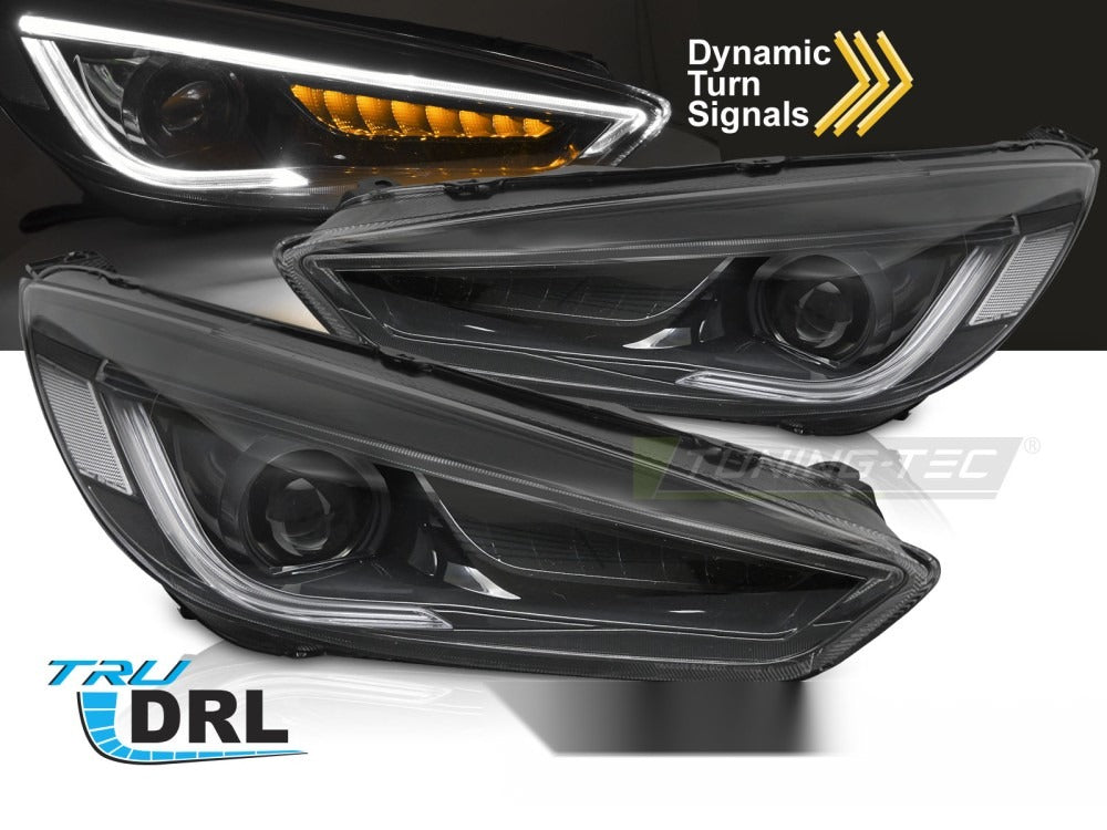 Detaljbilde av frontlykter Ford Focus MK3 14-18 med detaljer.