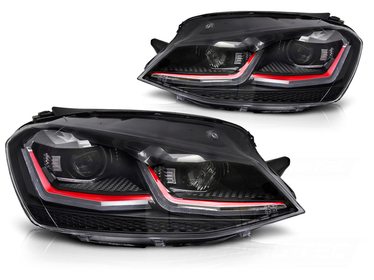 Frontlykter LED VW Golf 7 13-17 i rød sett rett forfra.