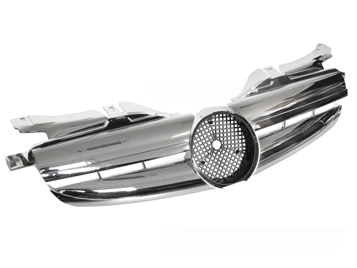 Grill til Mercedes SLK R170 96-04 i krom sett rett forfra på hvit bakgrunn.