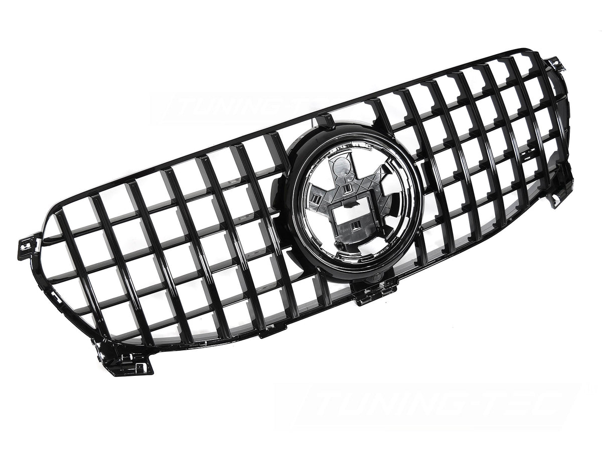 Grill GT Style til Mercedes GLE W167 19-23 i blank sort sett rett forfra på hvit bakgrunn.