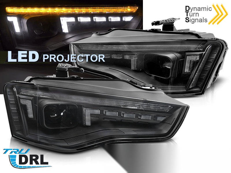 Detaljbilde av frontlykter Audi A5 11-16 LED med LED-detaljer.
