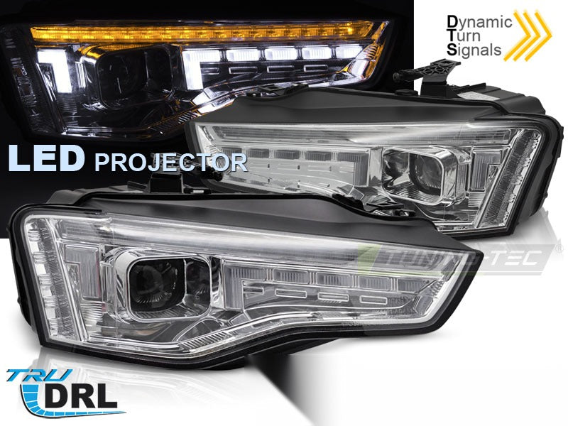 Detaljbilde av frontlykter Audi A5 11-16 LED med LED-detaljer.