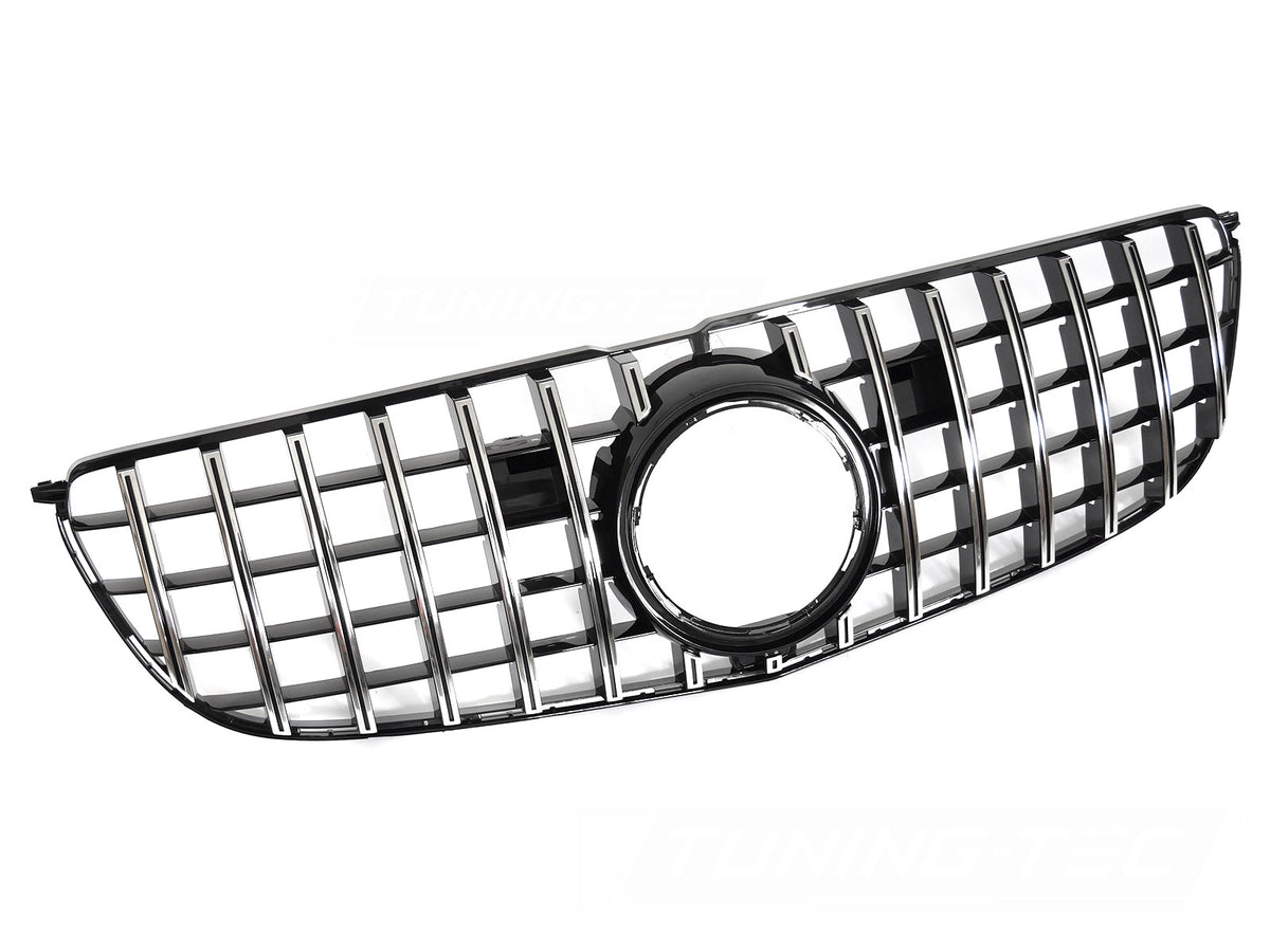 Grill GT Style til Mercedes GLS X166 15-19 i sort/krom sett rett forfra på hvit bakgrunn.