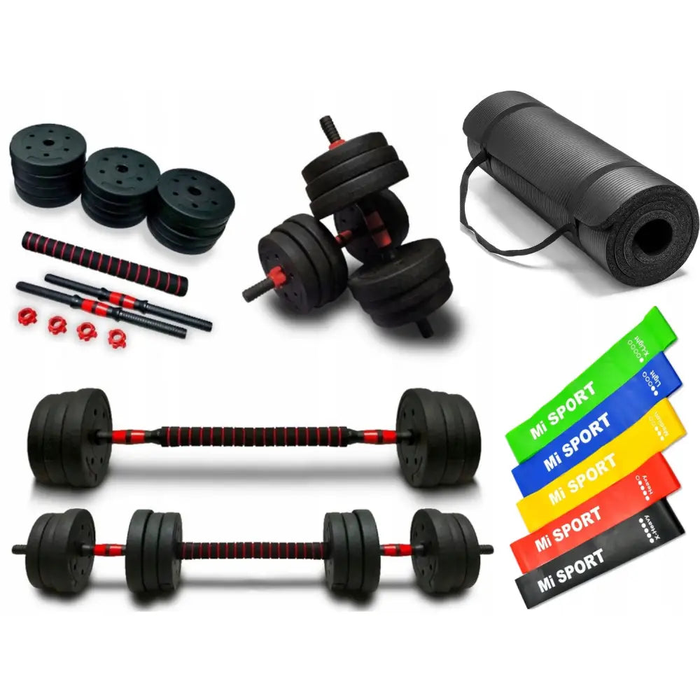 Fitnesssett Stang + Dumbbells 2-i-1 + Motstandsbånd 5 Stk + Treningsmatte - 1